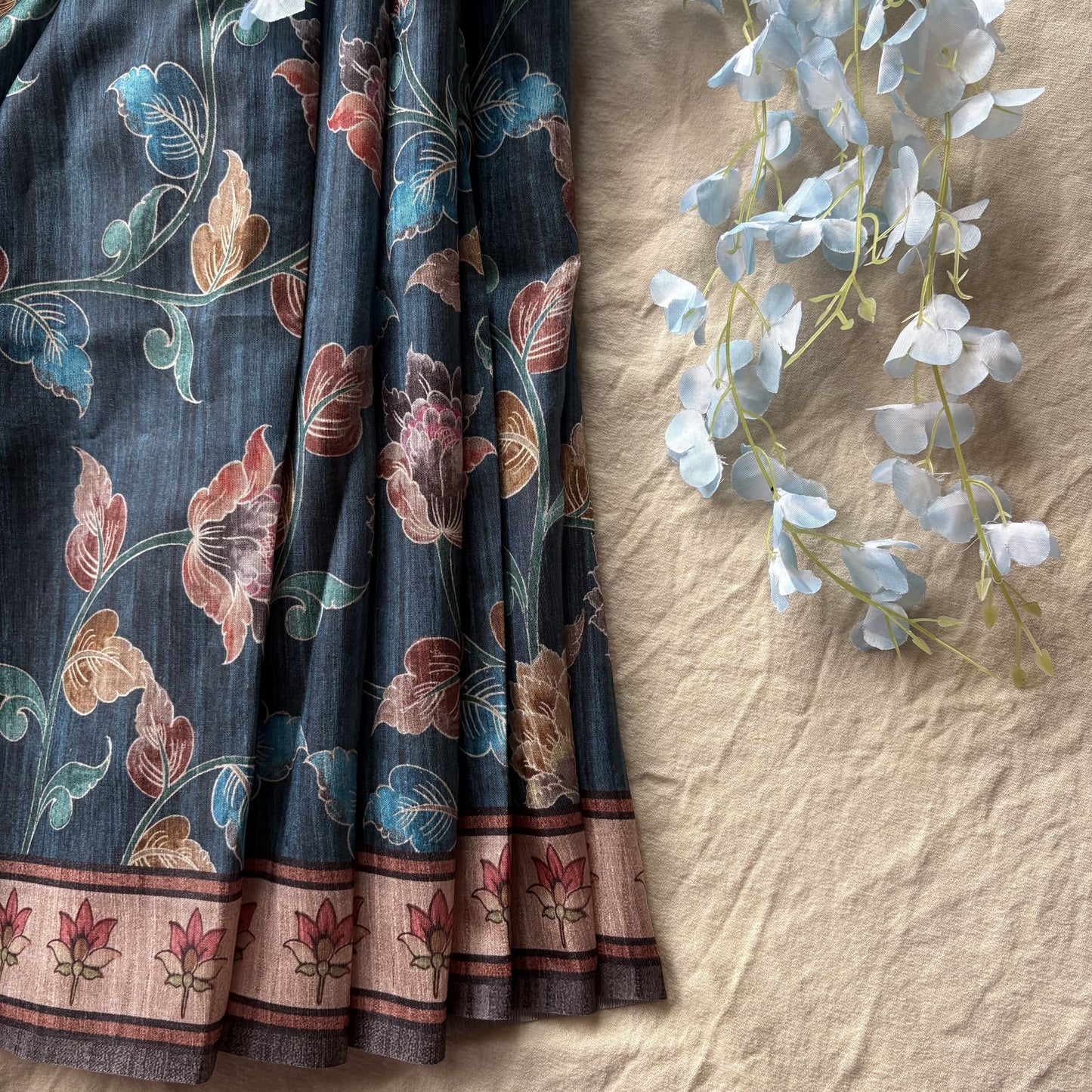 Blue Semi Tussar Printed Saree