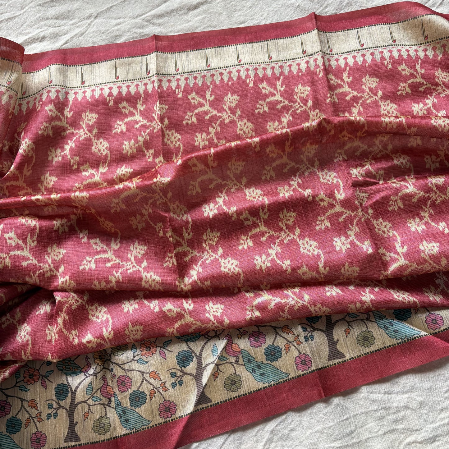 Peach Semi Tussar Printed Saree