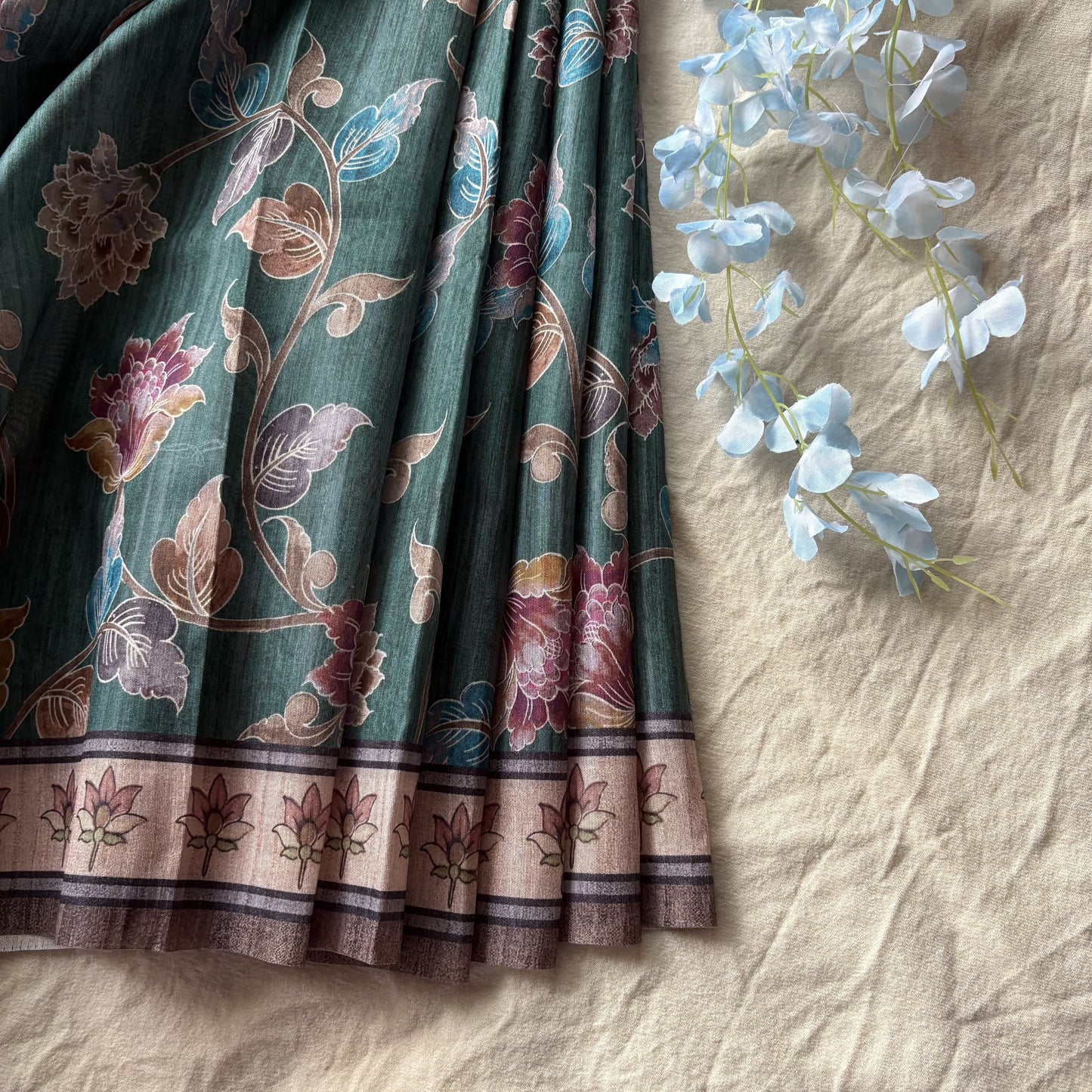 Sea Green Semi Tussar Printed Saree