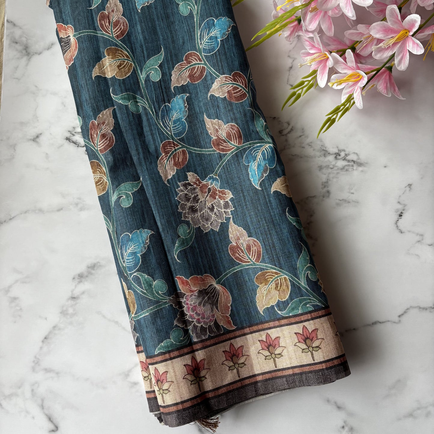 Blue Semi Tussar Printed Saree
