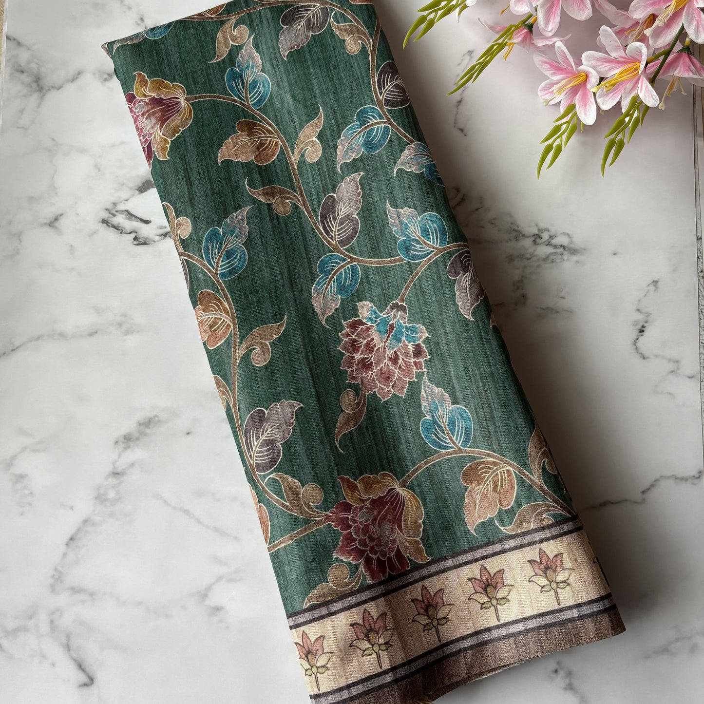 Sea Green Semi Tussar Printed Saree