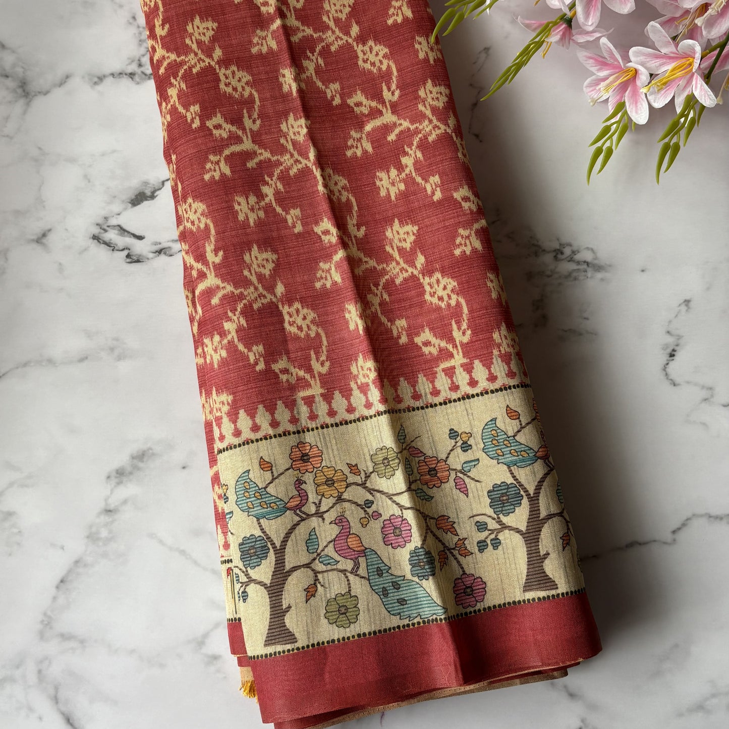 Peach Semi Tussar Printed Saree