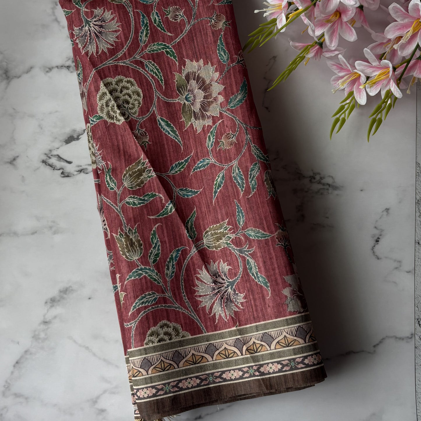 Pink Semi Tussar Printed Saree