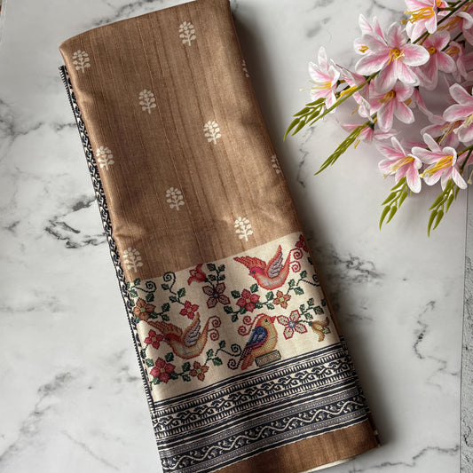 Cream Semi Tussar Printed Saree