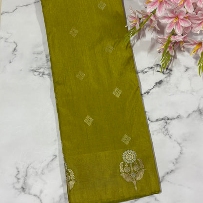 Lime Green Semi Raw Mango Banarasi Saree