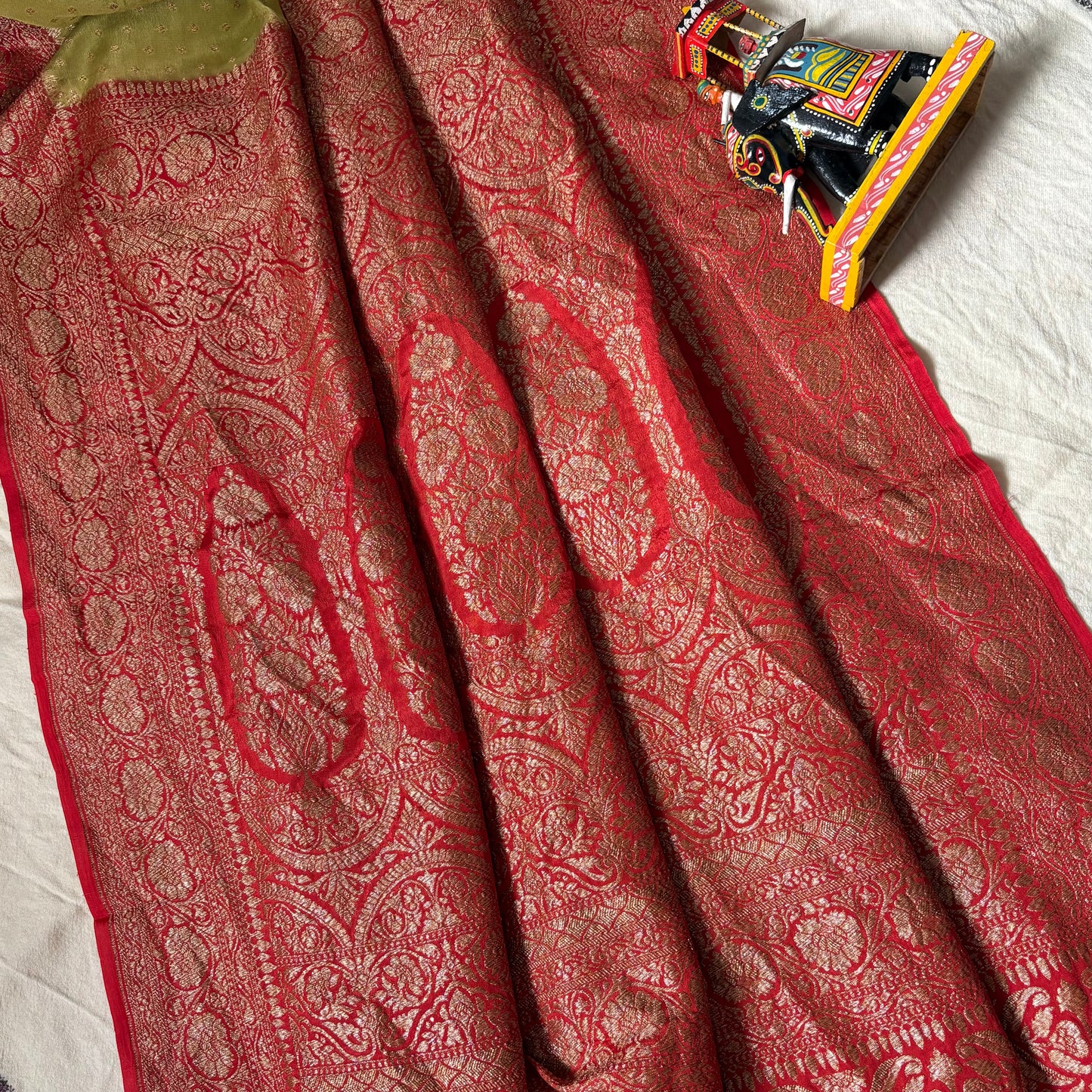 Pista Green Banarasi Pure Crepe Saree