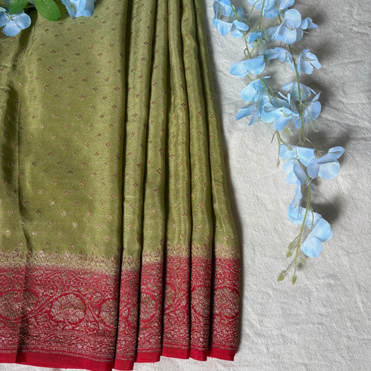 Pista Green Banarasi Pure Crepe Saree