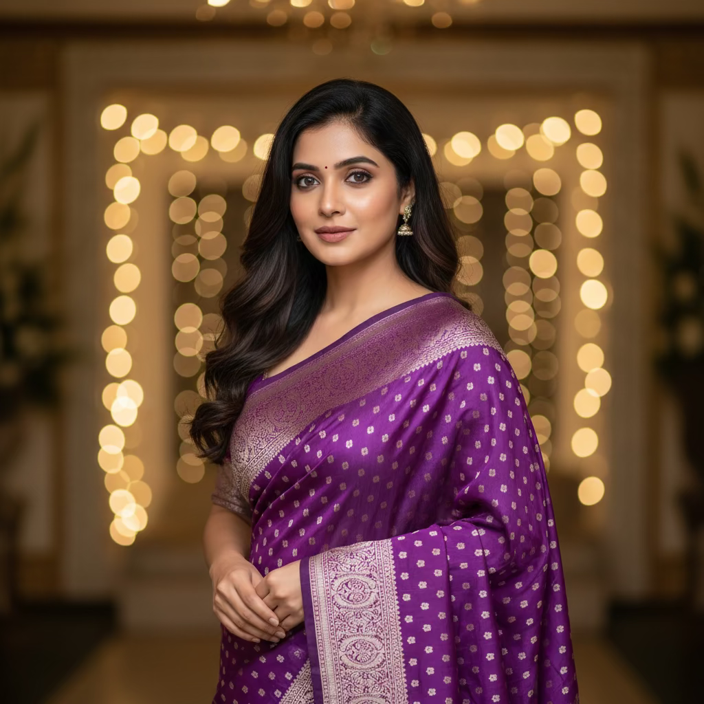 Purple Semi Crepe Banarasi Saree