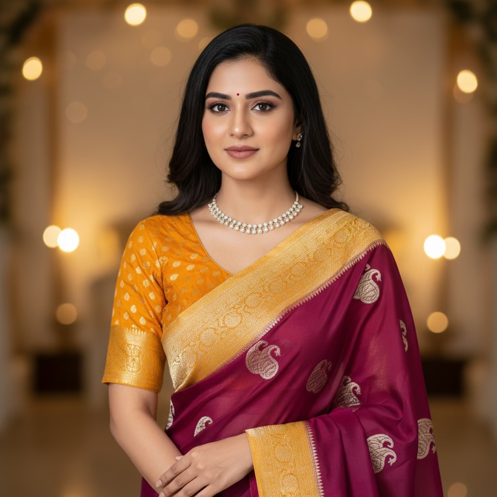 Burgandy Semi Khaddi Chiffon Banarasi Saree