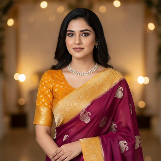 Burgandy Semi Khaddi Chiffon Banarasi Saree