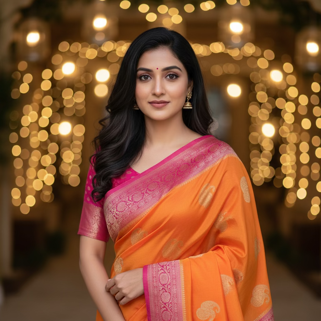 Orange Semi Khaddi Chiffon Banarasi Saree