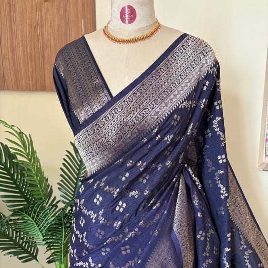 Navy Blue Semi Crepe Banarasi Saree