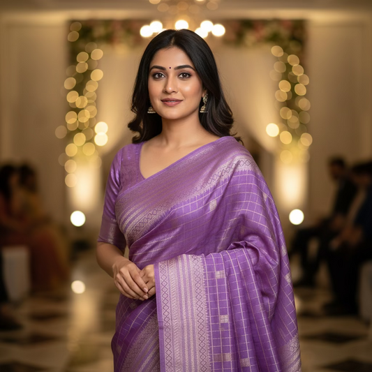 Lavendar Semi Crepe Banarasi Checks Saree