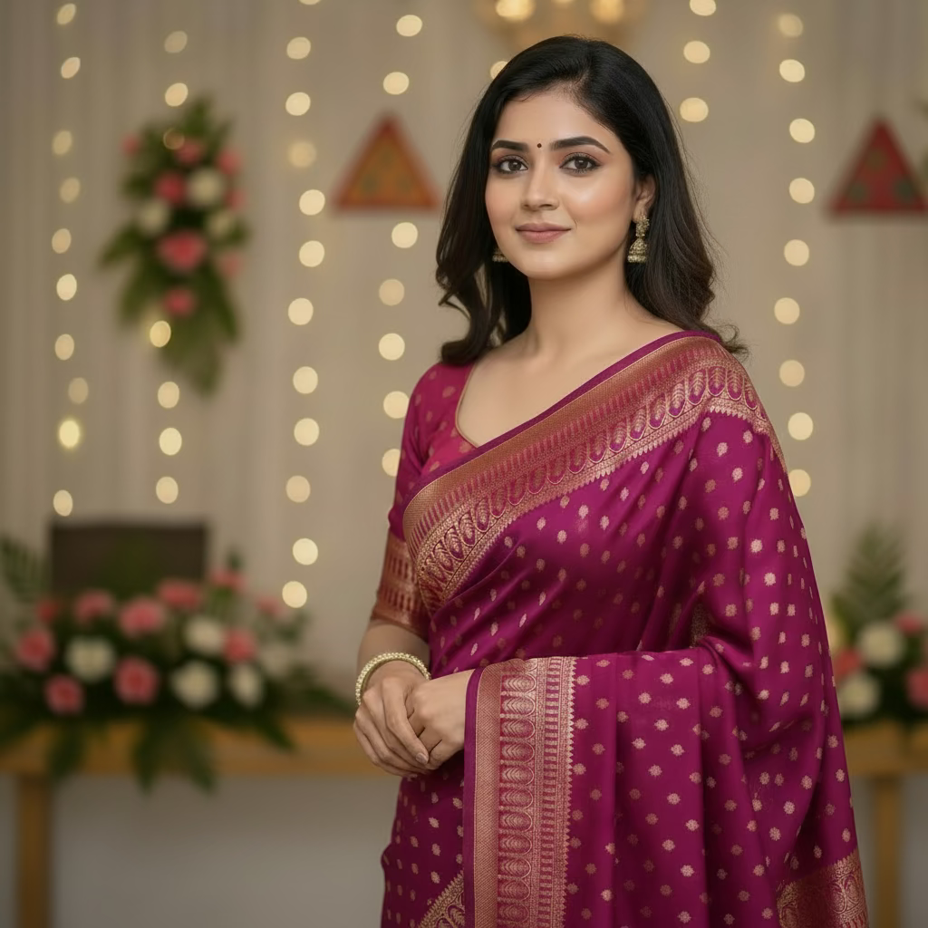 Magenta Pink Semi Crepe Georgette Banarasi Saree