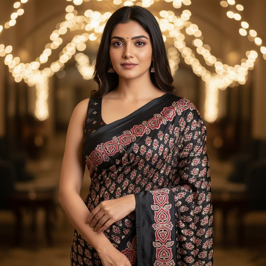 Black Blossom Satin Crepe Saree