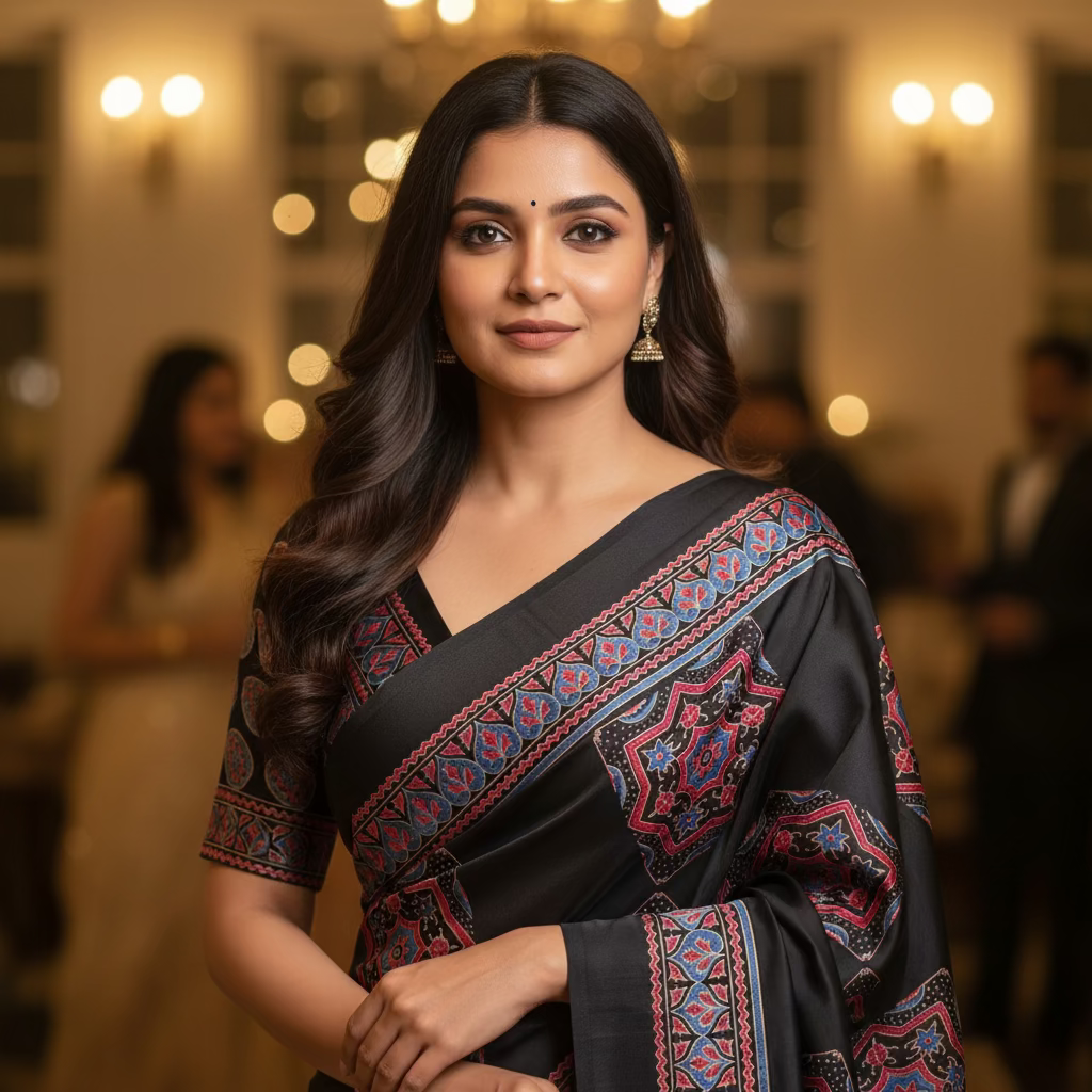 Black Star Satin Crepe Saree