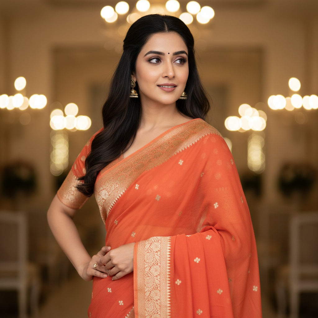 Orange Semi Khaddi Georgette Saree